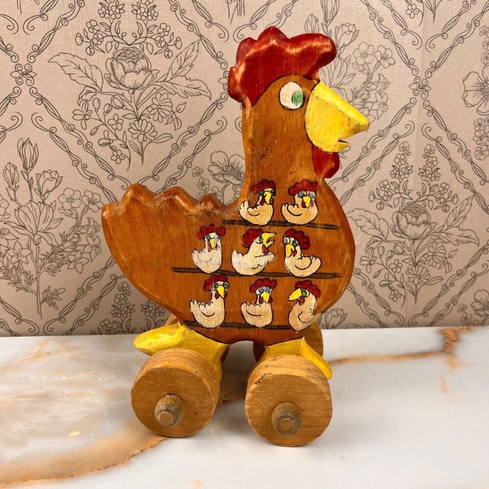 Vtg Wooden Chicken Pull Toy Wheels Hand Painted MCM Folk Art Farmhouse Nursery
